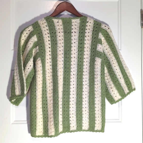 Vintage Green & White Striped V-Neck Sweater - Picture 2 of 6